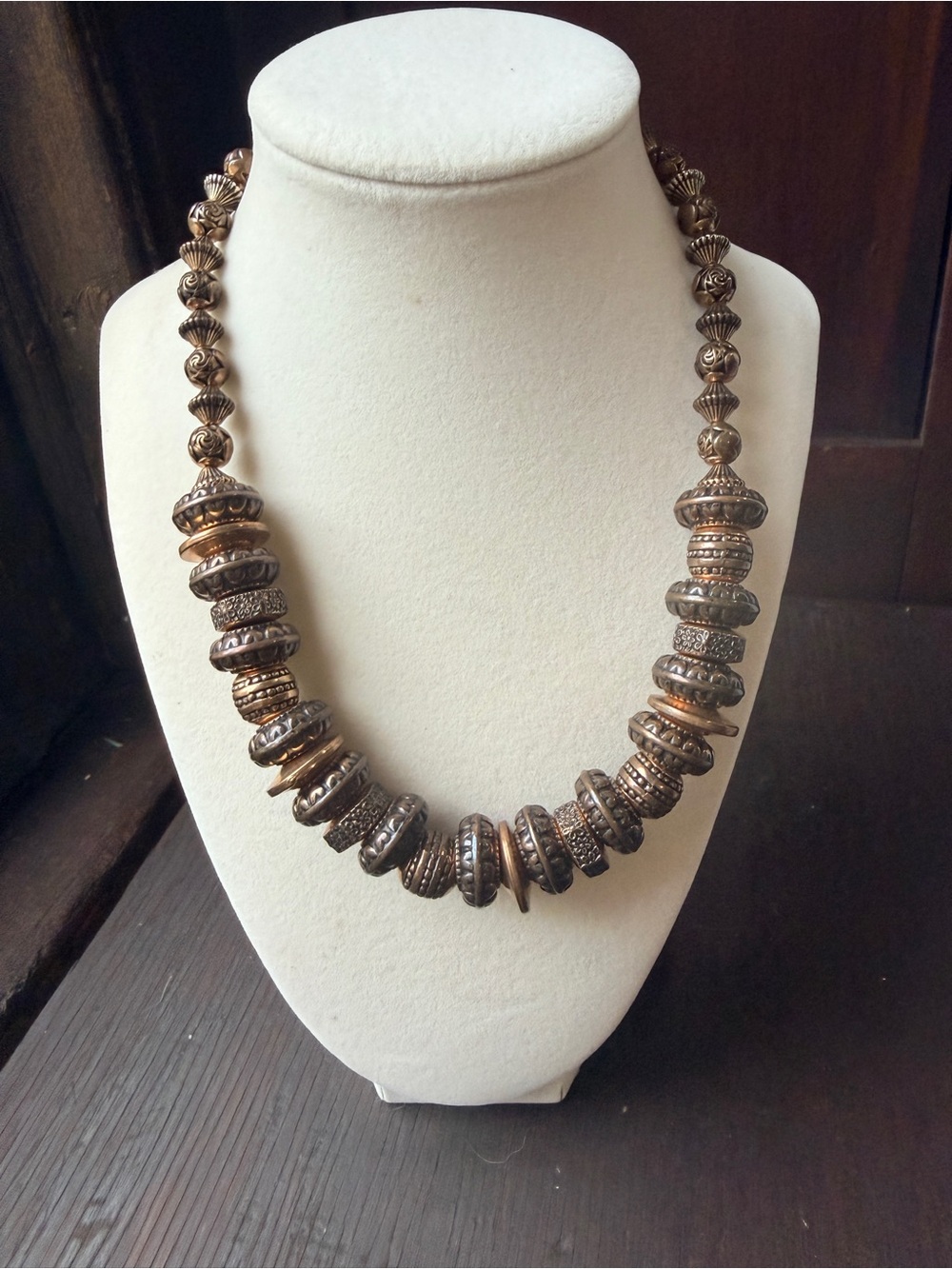 Beaded Metallic Statement Necklace in Antique Gold and Bronze